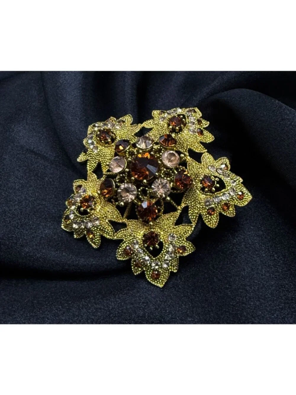 Vintage 1990s Gold Tone Floral Brooch With Amber & Clear Rhinestones